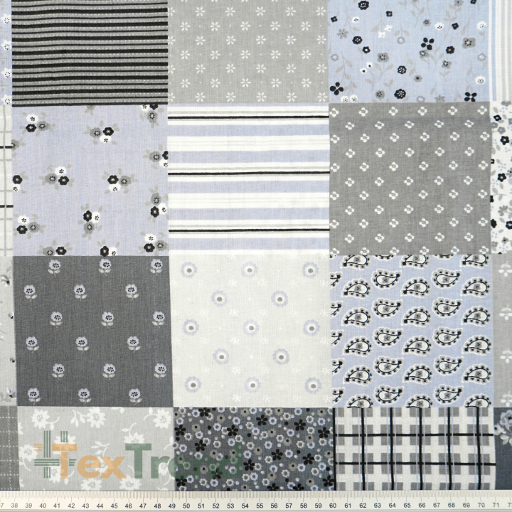 100 % Baumwolle Patchwork Blumen grau-blau