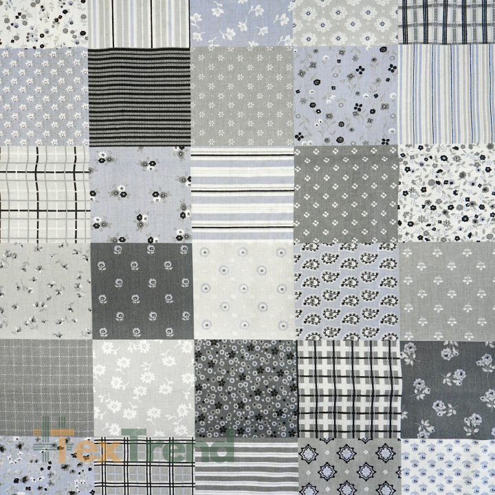 100 % Baumwolle Patchwork Blumen grau-blau