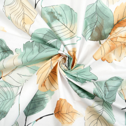 100% Baumwolle braun-grüne Blätter auf weißem Hintergrund - 220cm