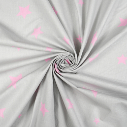 100% Baumwolle mit rosa Sternen auf grauem Hintergrund