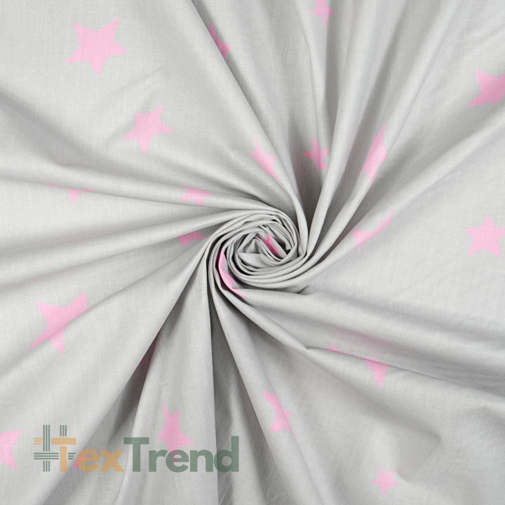 100% Baumwolle mit rosa Sternen auf grauem Hintergrund