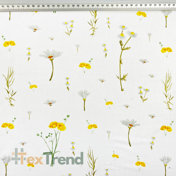 100% Baumwolle mit gelben Wildblumen auf weißem Hintergrund - 220cm