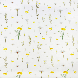 100% Baumwolle mit gelben Wildblumen auf weißem Hintergrund - 220cm