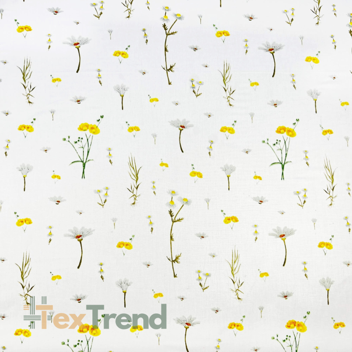 100% Baumwolle mit gelben Wildblumen auf weißem Hintergrund - 220cm