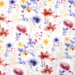 100% Baumwolle mit rot-violetten Blumen auf weißem Hintergrund