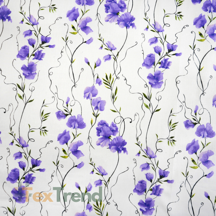 100% Baumwolle lila Blumen auf weißen Hintergrund