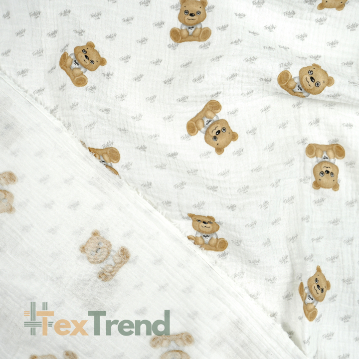 Musselin Double Gauze mit bedruckten Teddy-Bären in Beige