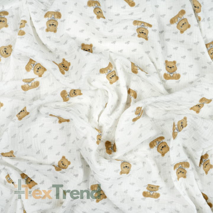Musselin Double Gauze mit bedruckten Teddy-Bären in Beige