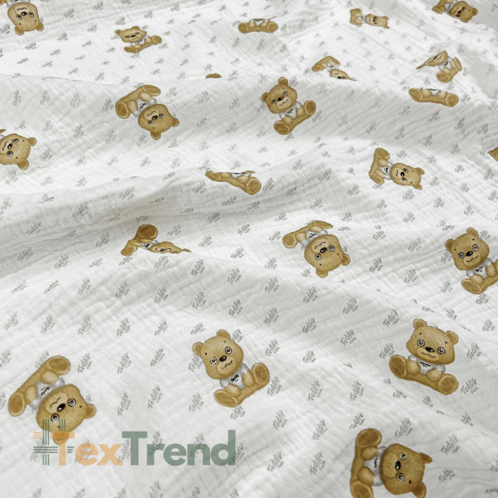 Musselin Double Gauze mit bedruckten Teddy-Bären in Beige