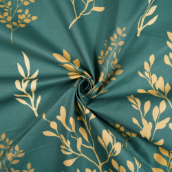 100% Baumwolle mit goldenen Blättern und Zweigen auf grünem Hintergrund