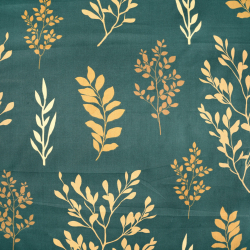 100% Baumwolle mit goldenen Blättern und Zweigen auf grünem Hintergrund