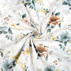 100% Baumwolle Blumen in Braun-Salbei auf weißem Hintergrund