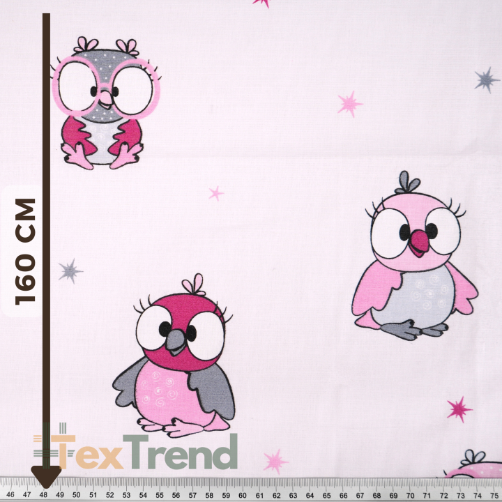 100% Baumwolle rosa Eulen auf hellrosa Hintergrund