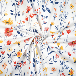 100% Baumwolle gelb-rote Blumen auf blauen Zweigen auf weißem Hintergrund