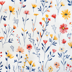 100% Baumwolle gelb-rote Blumen auf blauen Zweigen auf weißem Hintergrund