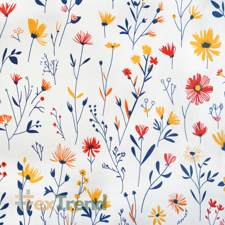 100% Baumwolle gelb-rote Blumen auf blauen Zweigen auf weißem Hintergrund