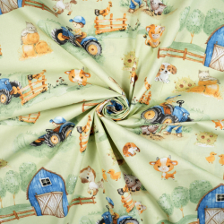 100% Baumwolle große Farm blau auf grünem Hintergrund