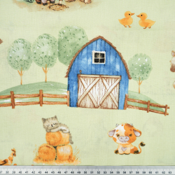 100% Baumwolle große Farm blau auf grünem Hintergrund