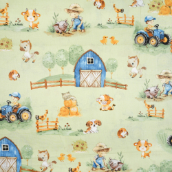 100% Baumwolle große Farm blau auf grünem Hintergrund