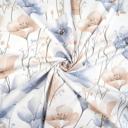 100% Baumwolle große Blumen beige-blau auf weißem Hintergrund