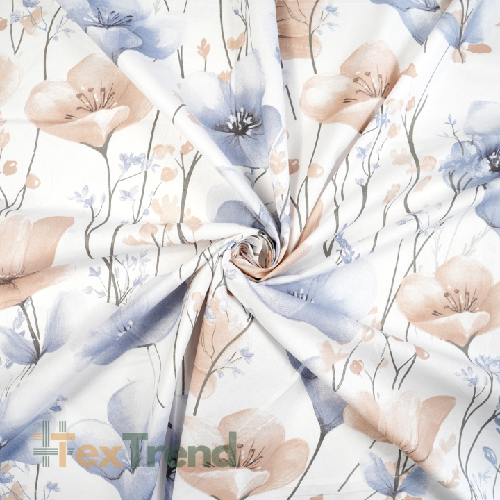 100% Baumwolle große Blumen beige-blau auf weißem Hintergrund