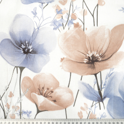 100% Baumwolle große Blumen beige-blau auf weißem Hintergrund