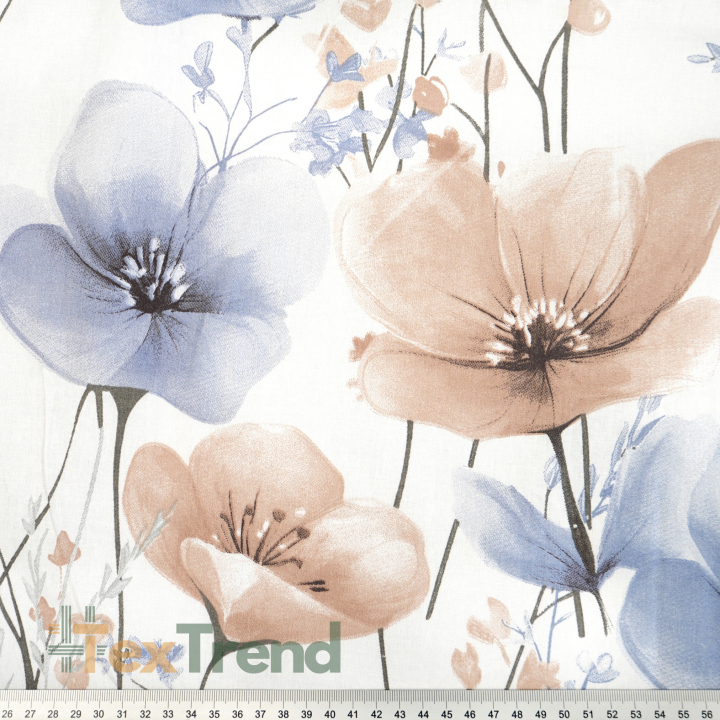 100% Baumwolle große Blumen beige-blau auf weißem Hintergrund