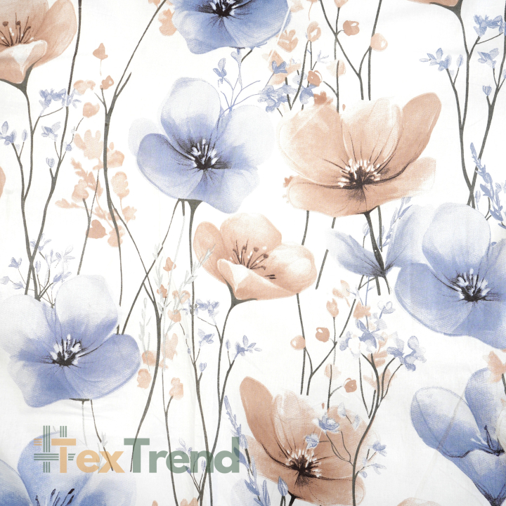 100% Baumwolle große Blumen beige-blau auf weißem Hintergrund