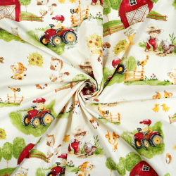 100% Baumwolle große rote Farm auf ecrufarbenem Hintergrund