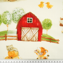 100% Baumwolle große rote Farm auf ecrufarbenem Hintergrund