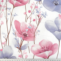 100% Baumwolle große Blumen rosa-blau auf weißem Hintergrund