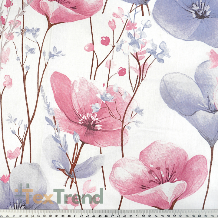 100% Baumwolle große Blumen rosa-blau auf weißem Hintergrund