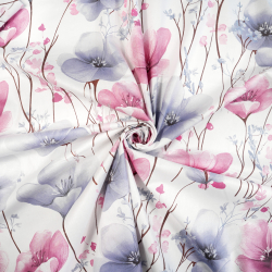 100% Baumwolle große Blumen rosa-blau auf weißem Hintergrund