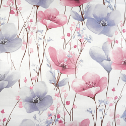 100% Baumwolle große Blumen rosa-blau auf weißem Hintergrund