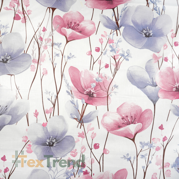 100% Baumwolle große Blumen rosa-blau auf weißem Hintergrund