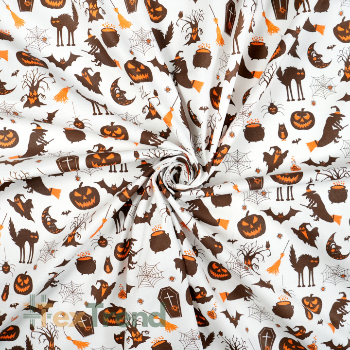 100% Baumwolle Halloween Muster braun-orange auf weißem Hintergrund