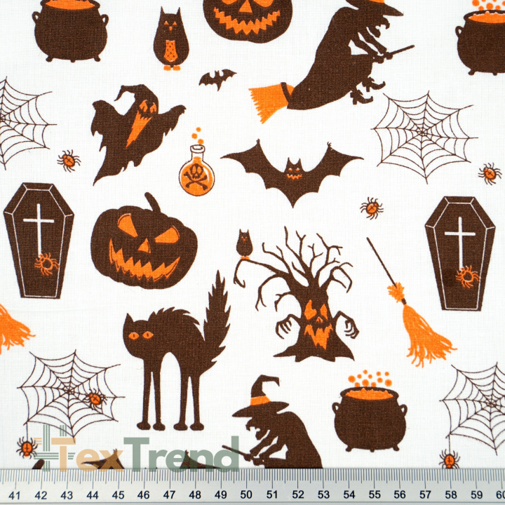 100% Baumwolle Halloween Muster braun-orange auf weißem Hintergrund