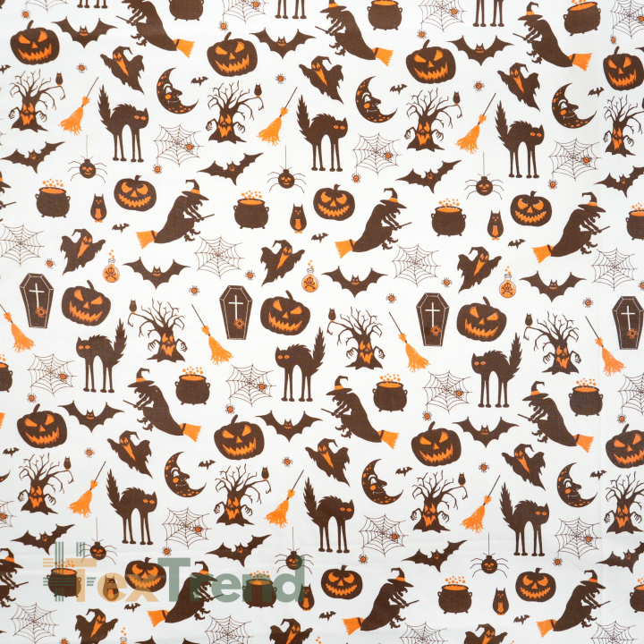 100% Baumwolle Halloween Muster braun-orange auf weißem Hintergrund