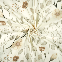 100% Baumwolle mit Baumwollblüten und beigen Magnolien auf ecrufarbenem Hintergrund - 220 cm