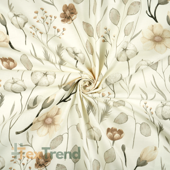 100% Baumwolle mit Baumwollblüten und beigen Magnolien auf ecrufarbenem Hintergrund - 220 cm