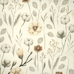 100% Baumwolle mit Baumwollblüten und beigen Magnolien auf ecrufarbenem Hintergrund - 220 cm