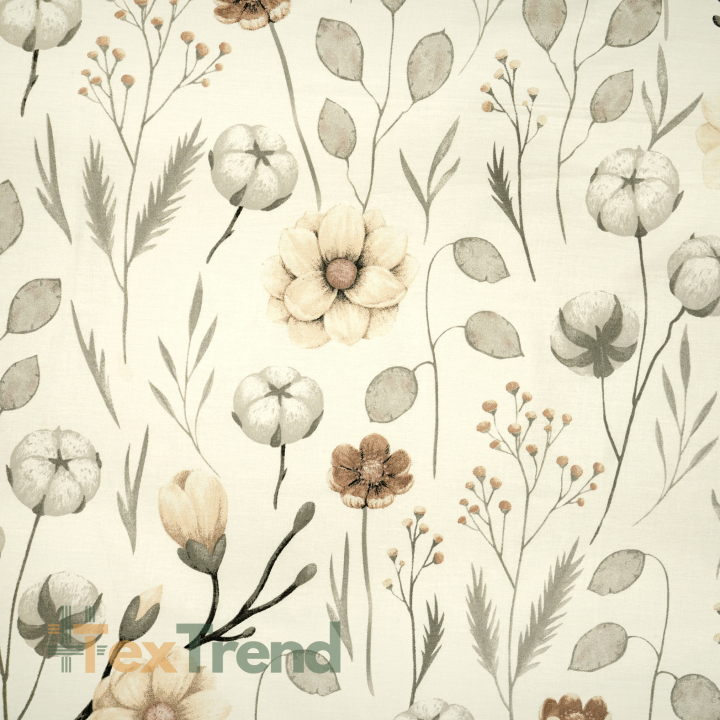 100% Baumwolle mit Baumwollblüten und beigen Magnolien auf ecrufarbenem Hintergrund - 220 cm