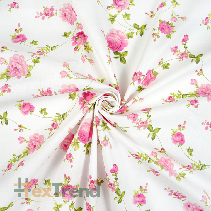 100% Baumwolle Blumen Rosen an Ranken auf weißem Hintergrund - 220cm
