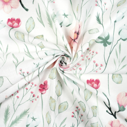 100% Baumwolle mit Baumwollblüten und rosa Magnolien auf weißem Hintergrund - 220 cm