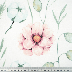 100% Baumwolle mit Baumwollblüten und rosa Magnolien auf weißem Hintergrund - 220 cm