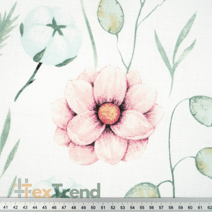 100% Baumwolle mit Baumwollblüten und rosa Magnolien auf weißem Hintergrund - 220 cm