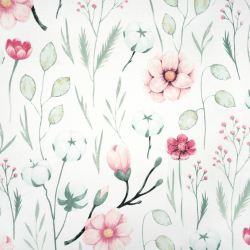 100% Baumwolle mit Baumwollblüten und rosa Magnolien auf weißem Hintergrund - 220 cm