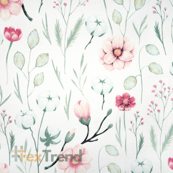 100% Baumwolle mit Baumwollblüten und rosa Magnolien auf weißem Hintergrund - 220 cm
