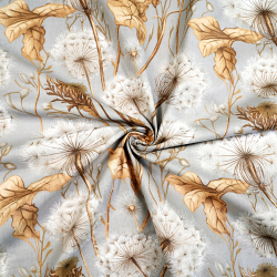 100% Baumwolle Pusteblumen und Blätter beige auf hellgrauem Hintergrund - 220cm