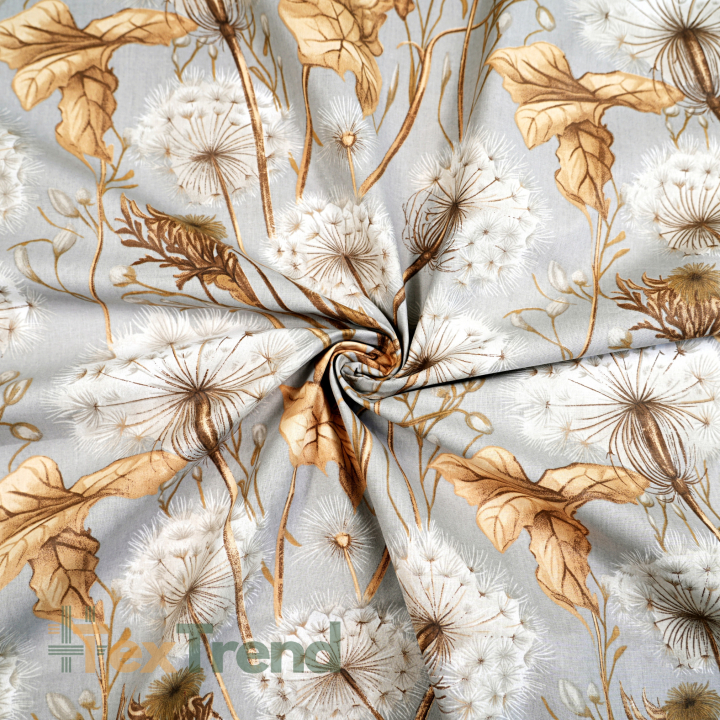 100% Baumwolle Pusteblumen und Blätter beige auf hellgrauem Hintergrund - 220cm